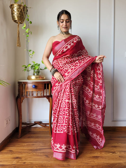 Block Printed Linen Saree