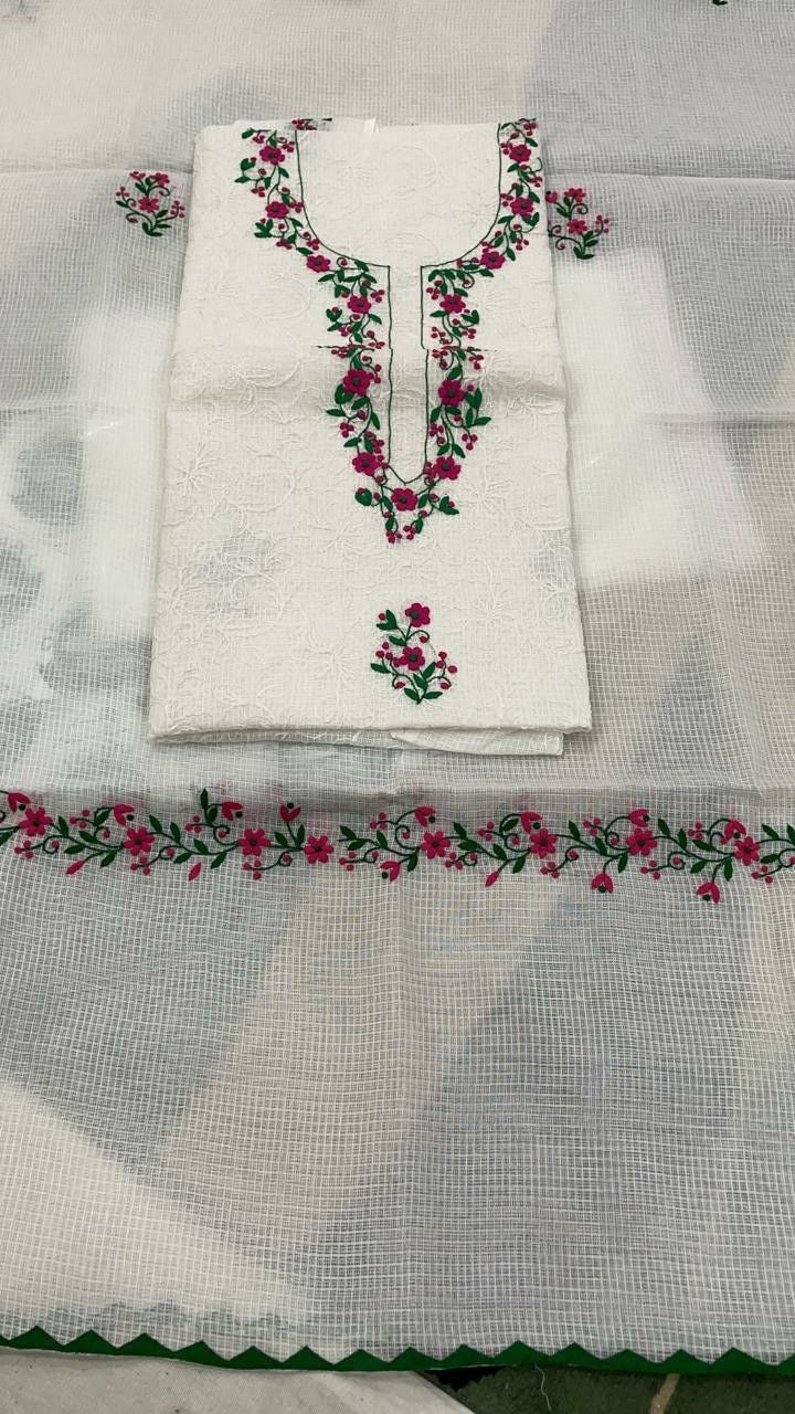 Kota Cotton Hand Floral Appliqué Work Kurta and Duppata