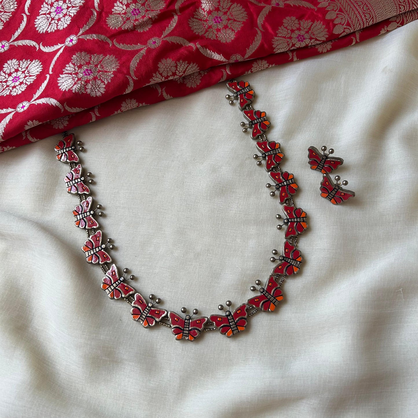 Handmade Butterfly Terracotta Necklace Set with Earrings
