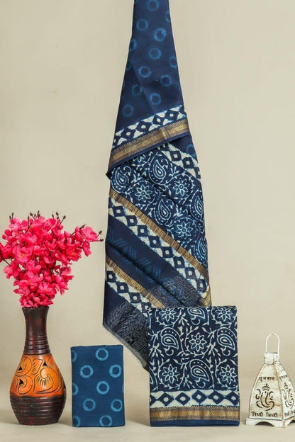 Handblock Maheshwari Zari Border Dress Material