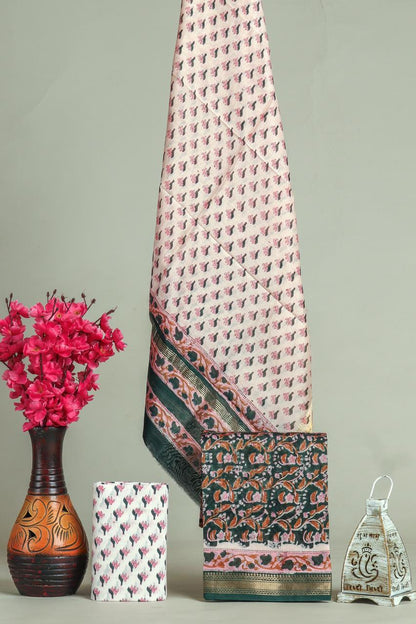Handblock Maheshwari Zari Border Dress Material