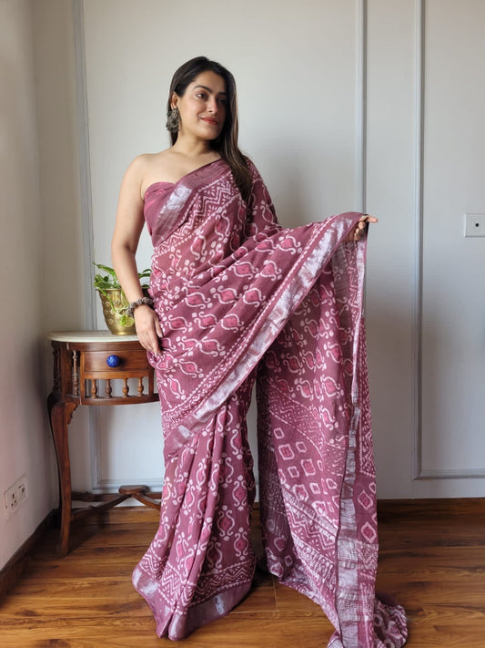 Block Printed Linen Saree