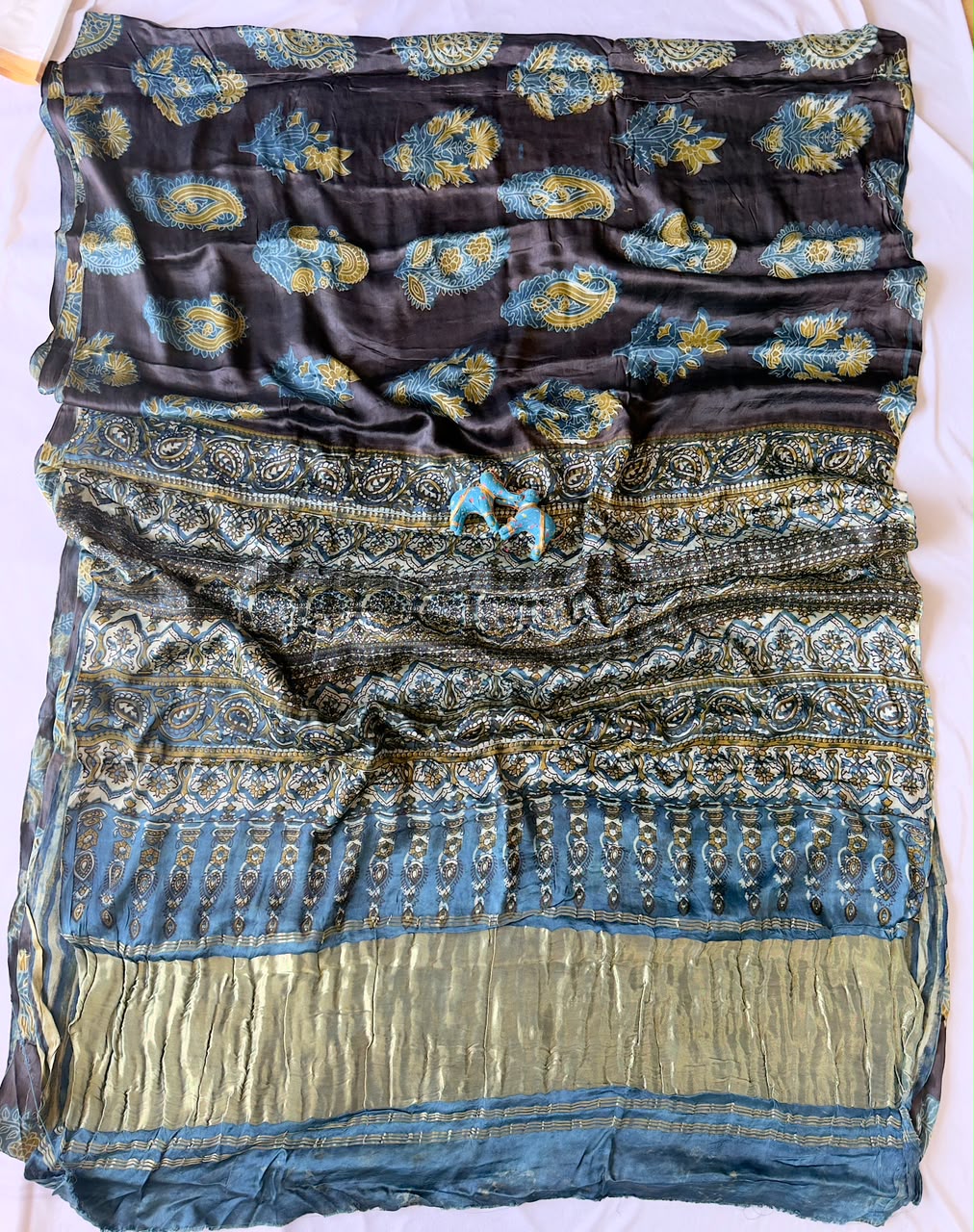 Pure Lagdi Patta Modal Gajji Silk Saree with Ajrakh & Bagru Prints