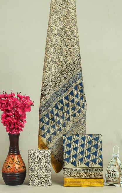 Handblock Maheshwari Zari Border Dress Material