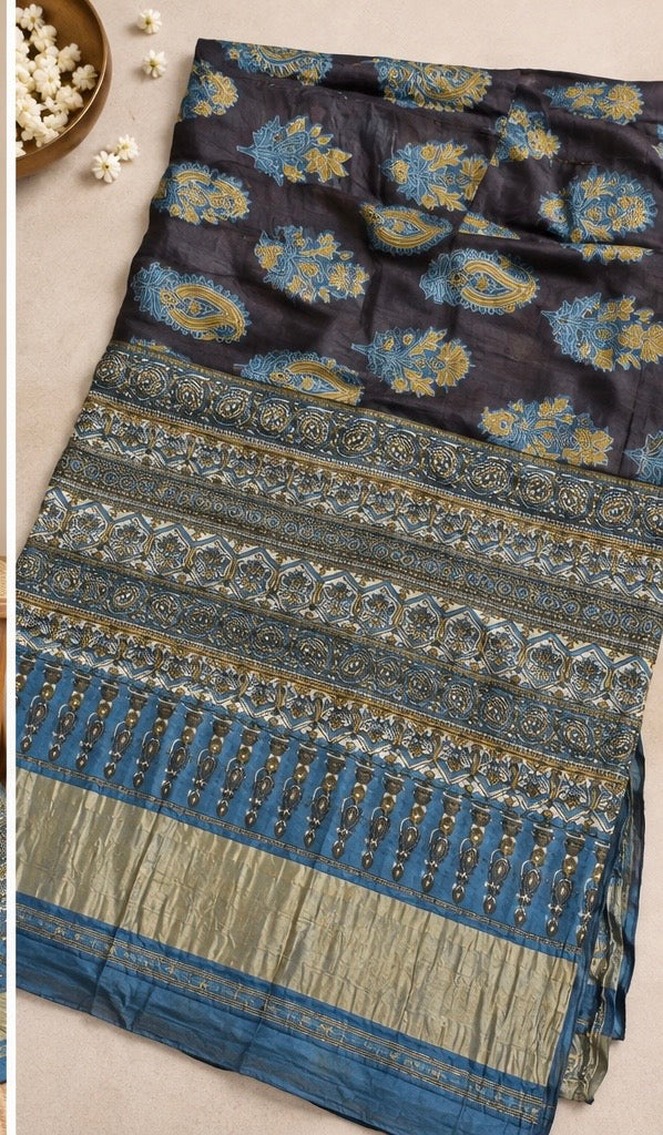 Pure Lagdi Patta Modal Gajji Silk Saree with Ajrakh & Bagru Prints