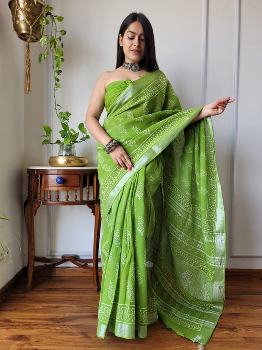 Block Printed Linen Saree