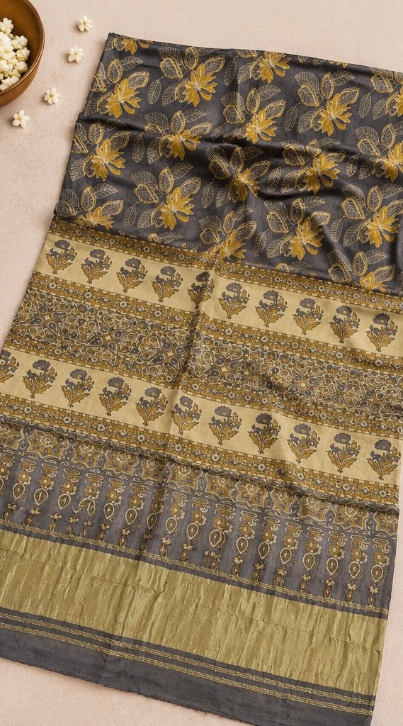 Pure Lagdi Patta Modal Gajji Silk Saree with Ajrakh & Bagru Prints