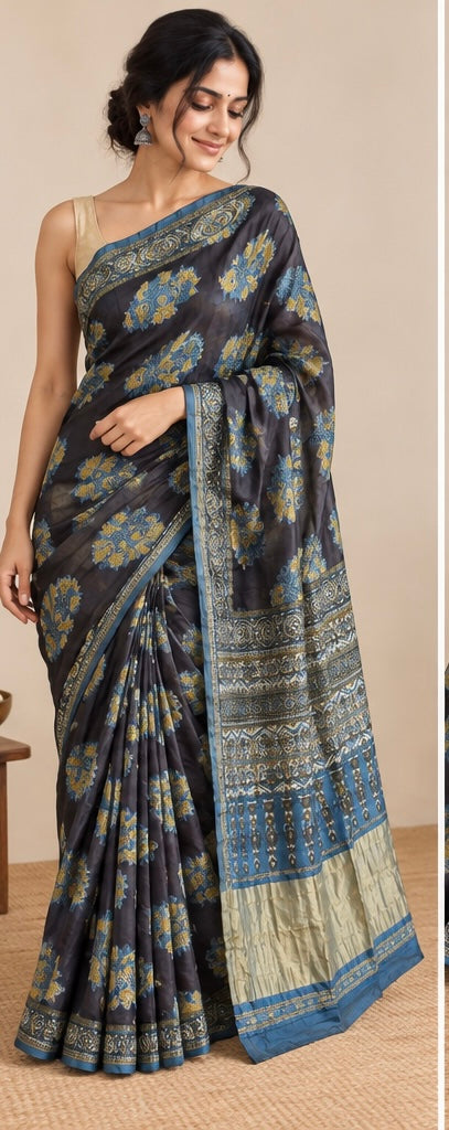 Pure Lagdi Patta Modal Gajji Silk Saree with Ajrakh & Bagru Prints