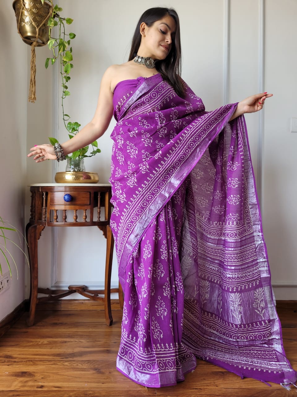 Block Printed Linen Saree