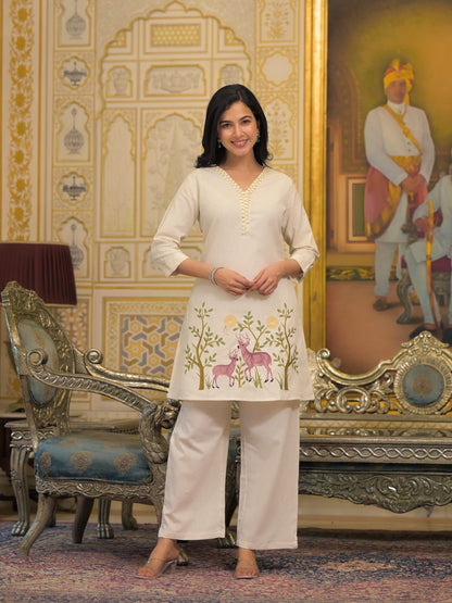 Yellow and White Embroidered Katha Work Co-ord Set