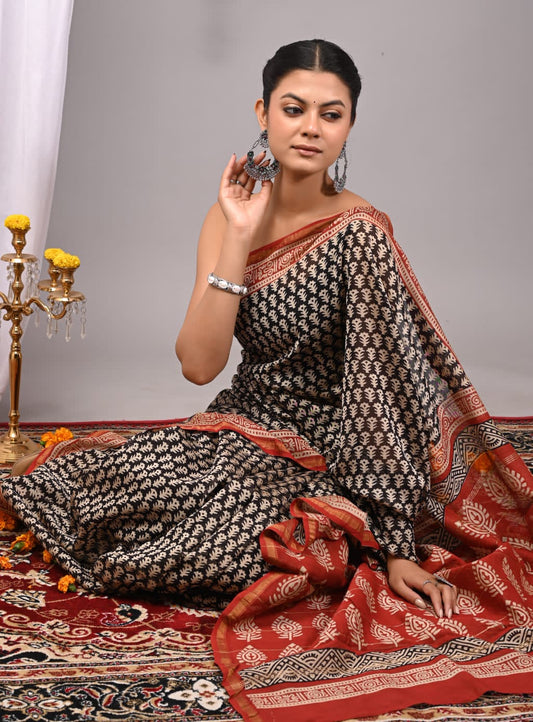 Hand Block Print Chanderi Silk Saree