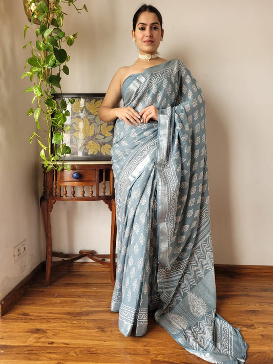 Block Printed Linen Saree