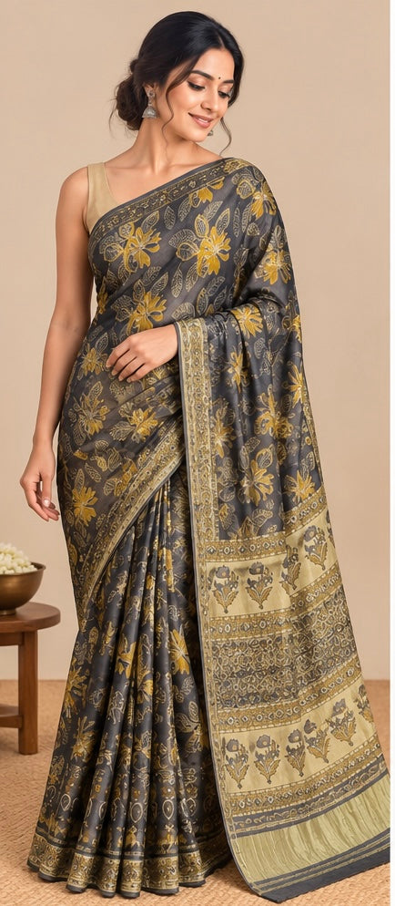 Pure Lagdi Patta Modal Gajji Silk Saree with Ajrakh & Bagru Prints