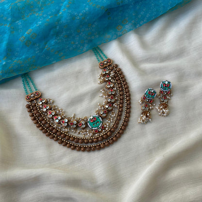 Handmade Terracotta Jewellery Necklace Set with Kundhan Stones