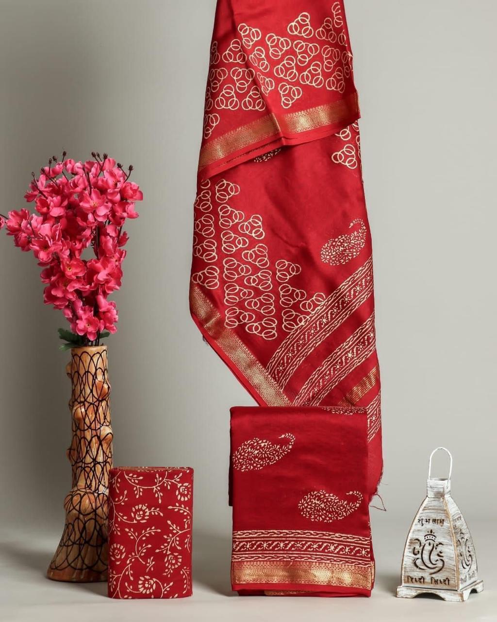 Handblock Maheshwari Zari Border Dress Material