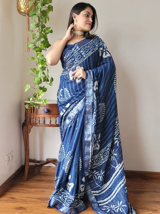 Block Printed Linen Saree