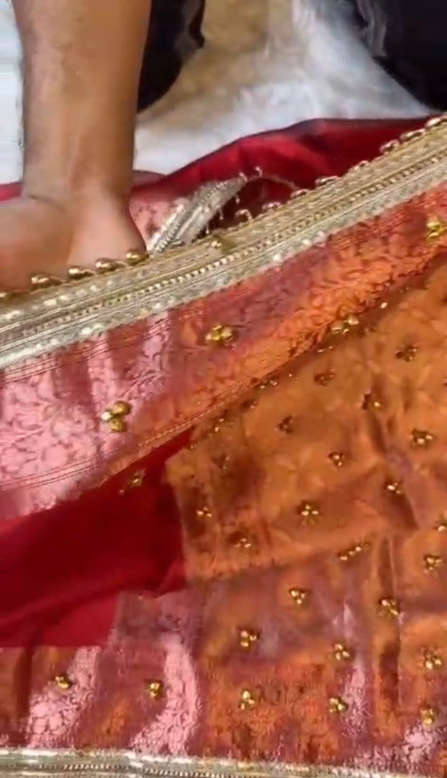 Banarasi Tissue Silk Saree with All-Over Ghungroo & Traditional Lace Border