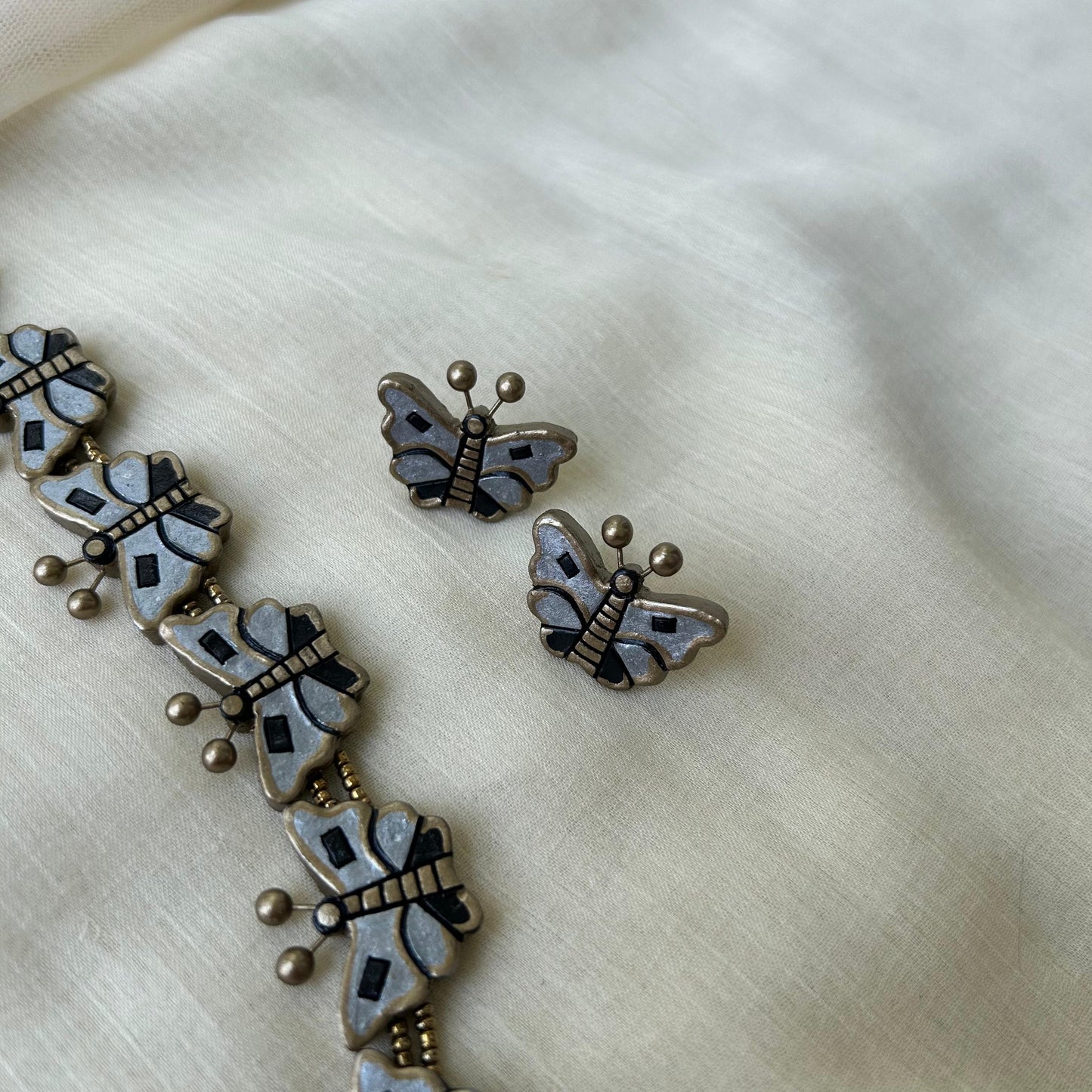 Handmade Butterfly Terracotta Necklace Set with Earrings