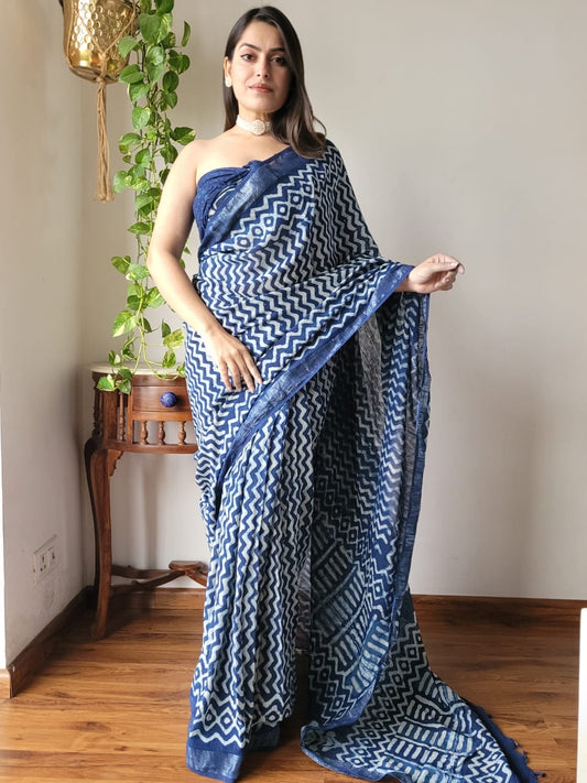 Block Printed Linen Saree