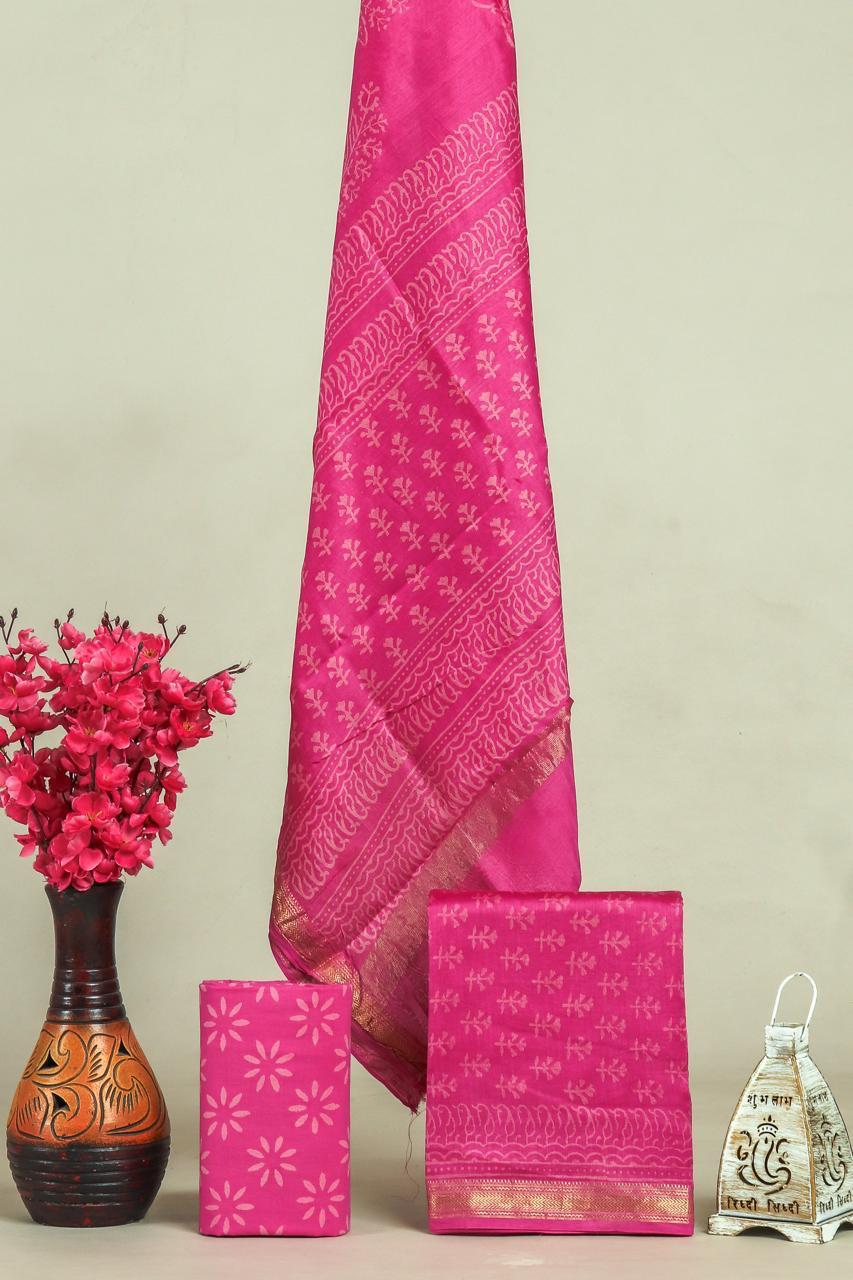 Handblock Maheshwari Zari Border Dress Material