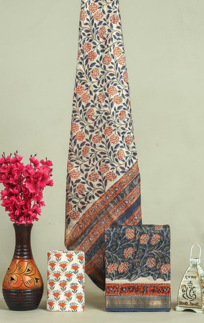 Handblock Maheshwari Zari Border Dress Material