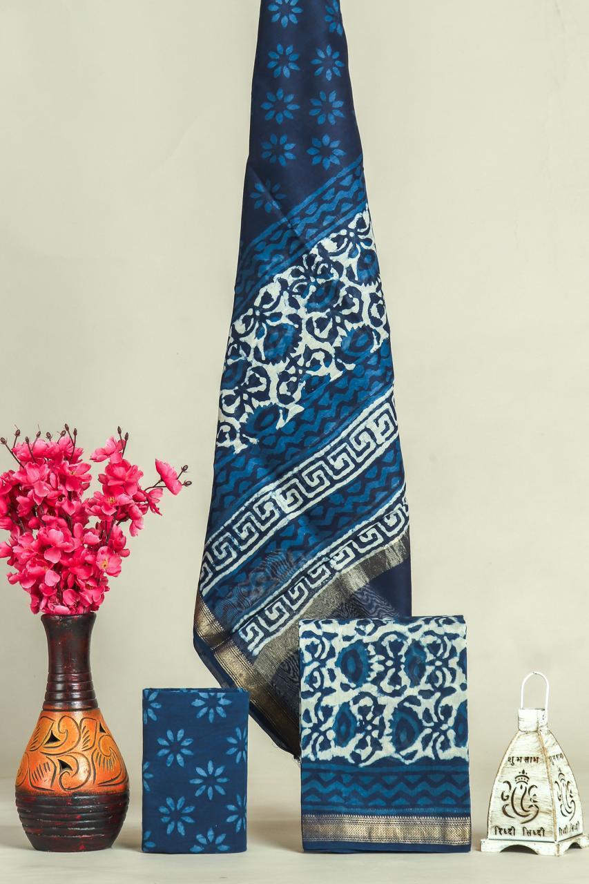 Handblock Maheshwari Zari Border Dress Material