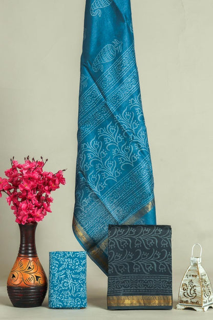 Handblock Maheshwari Zari Border Dress Material