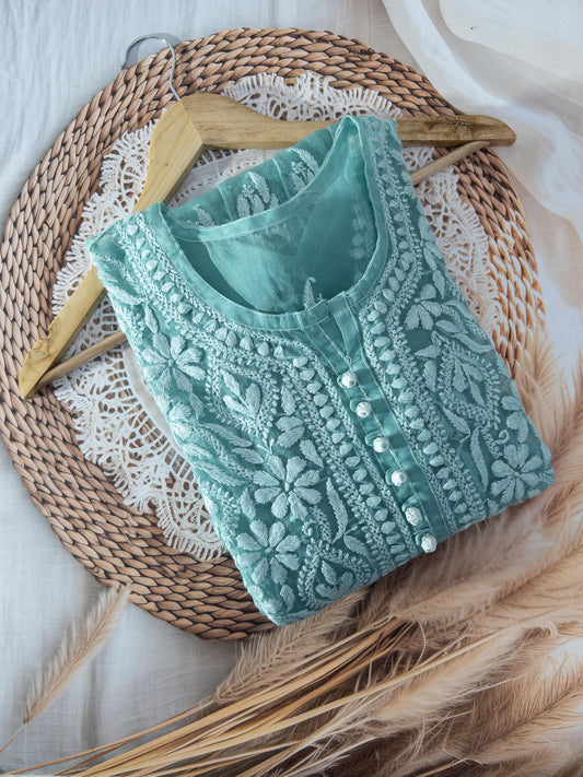 Teal Chikankari Organza Anarkali