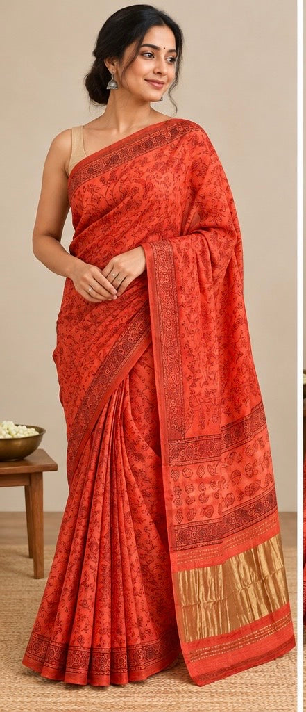 Pure Lagdi Patta Modal Gajji Silk Saree with Ajrakh & Bagru Prints
