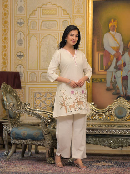 Pink and White Embroidered Katha Work Co-ord Set