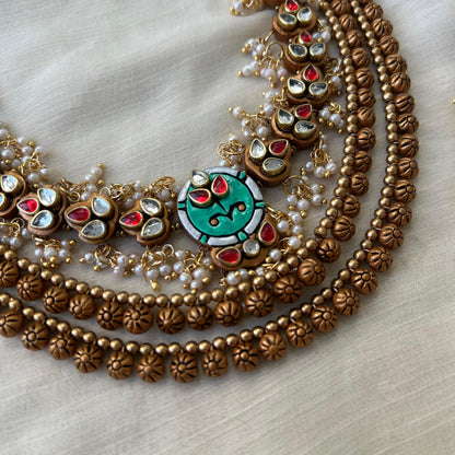 Handmade Terracotta Jewellery Necklace Set with Kundhan Stones