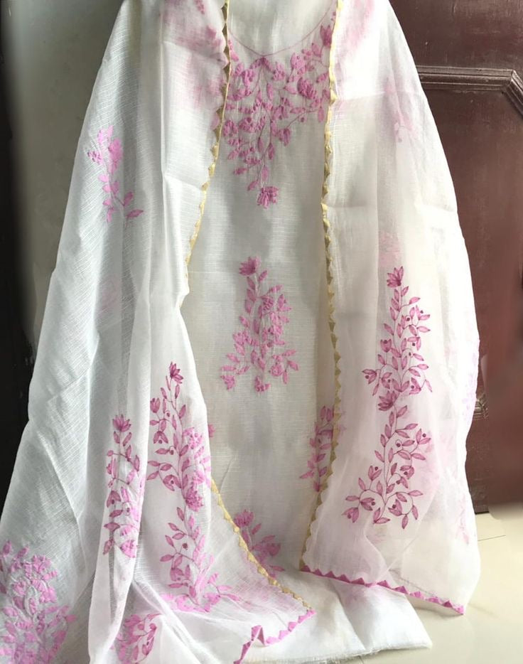 Kota Cotton Hand Floral Appliqué Work Kurta and Duppata