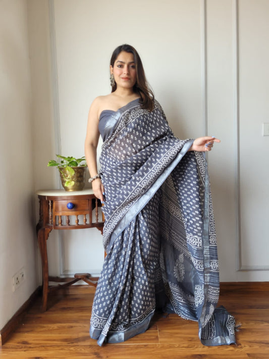 Block Printed Linen Saree