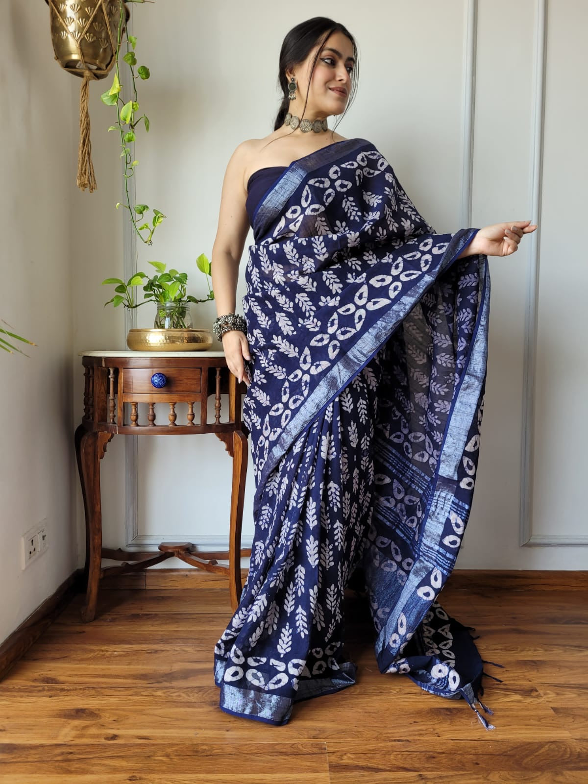 Block Printed Linen Saree