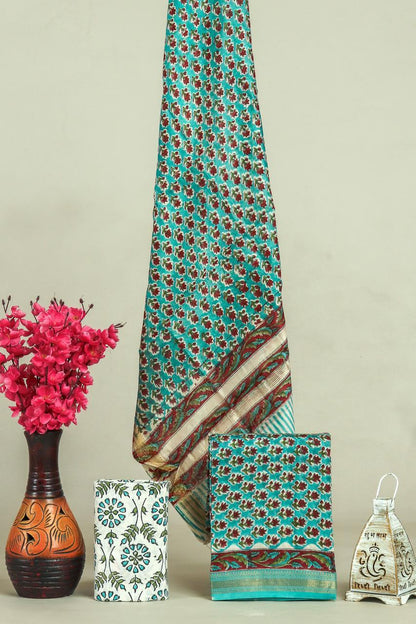 Handblock Maheshwari Zari Border Dress Material