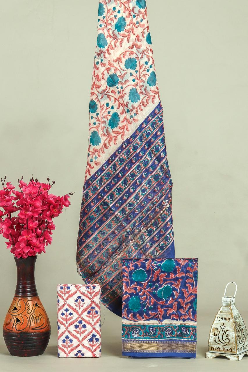 Handblock Maheshwari Zari Border Dress Material