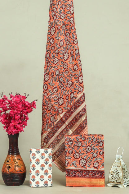Handblock Maheshwari Zari Border Dress Material