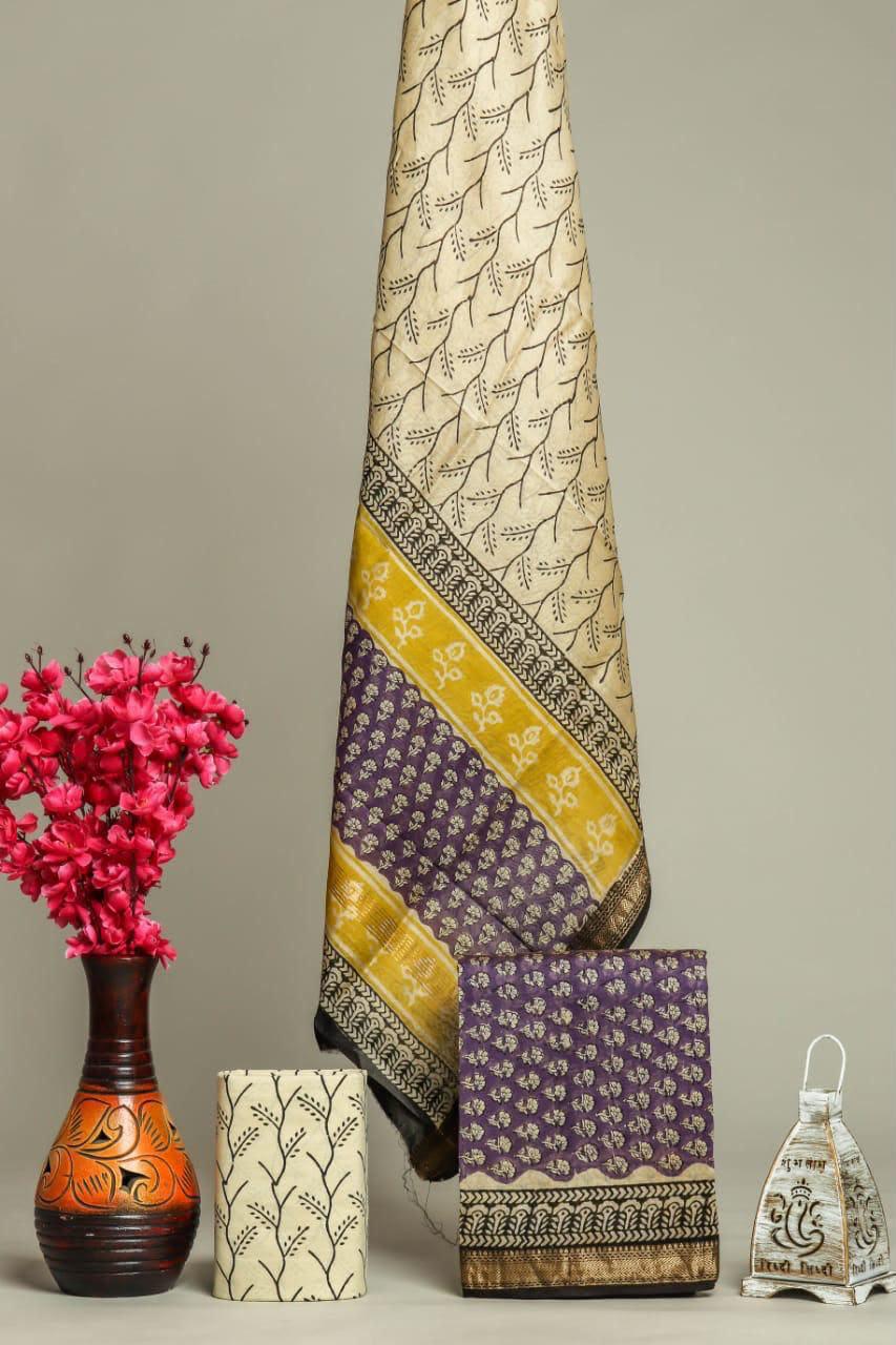 Handblock Maheshwari Zari Border Dress Material