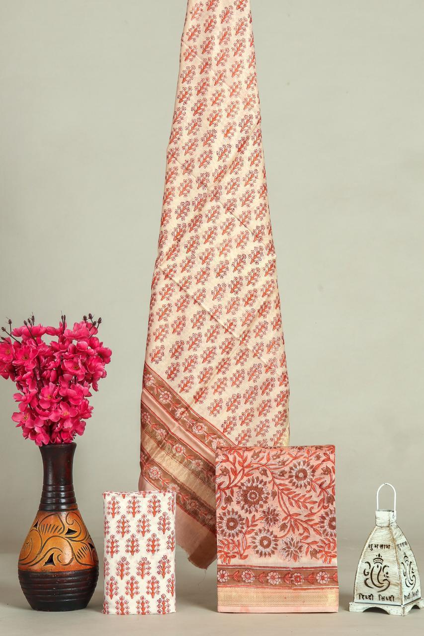 Handblock Maheshwari Zari Border Dress Material