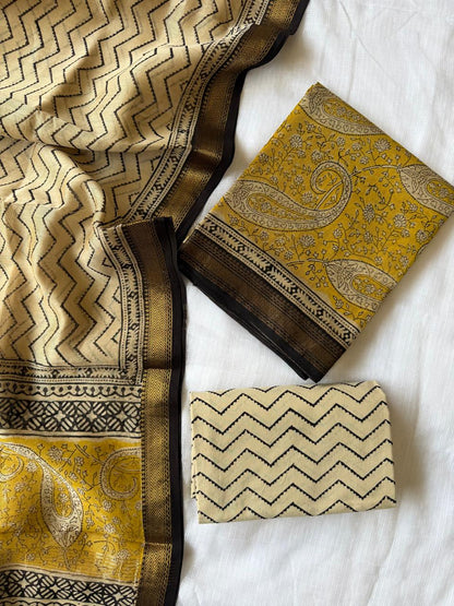 Handblock Maheshwari Zari Border Dress Material