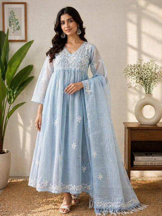 Pure MulMul Chikankari Gown with Dupatta