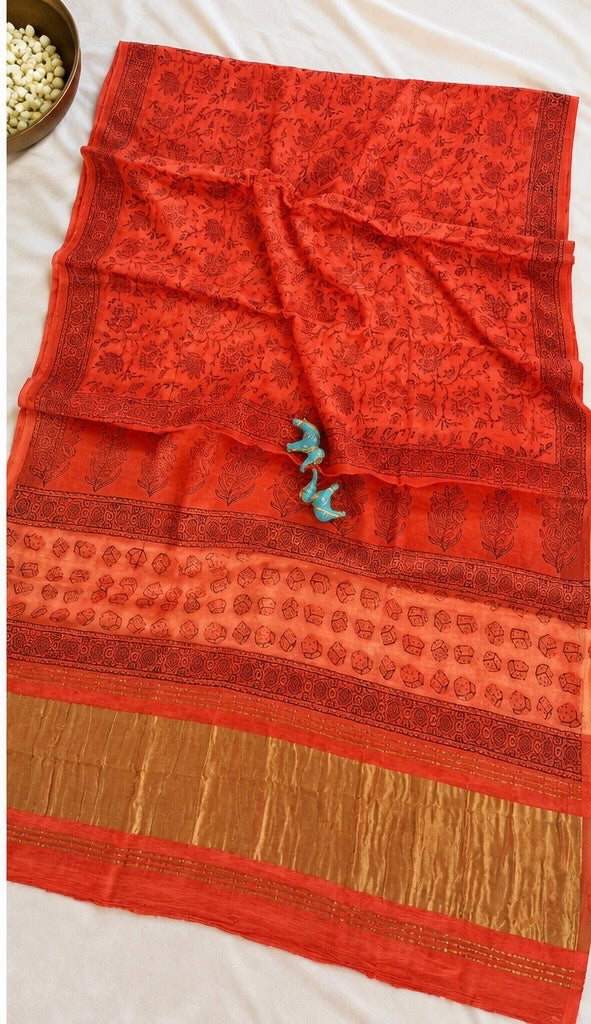 Pure Lagdi Patta Modal Gajji Silk Saree with Ajrakh & Bagru Prints