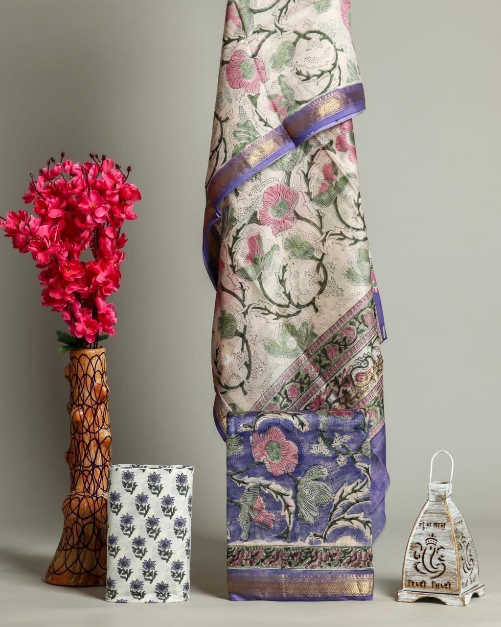 Handblock Maheshwari Zari Border Dress Material