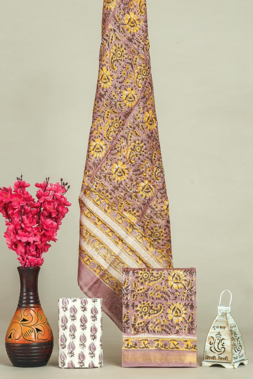 Handblock Maheshwari Zari Border Dress Material