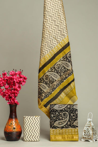 Handblock Maheshwari Zari Border Dress Material