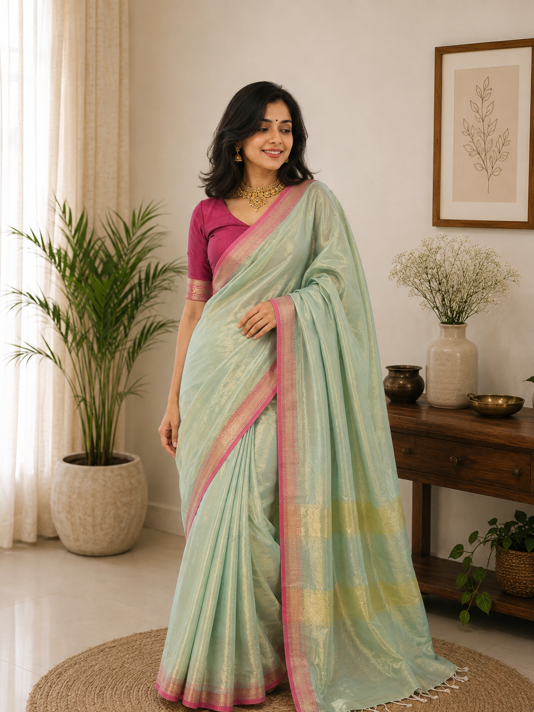 Maheshwari Full Tissue Handloom Saree with Zari Border