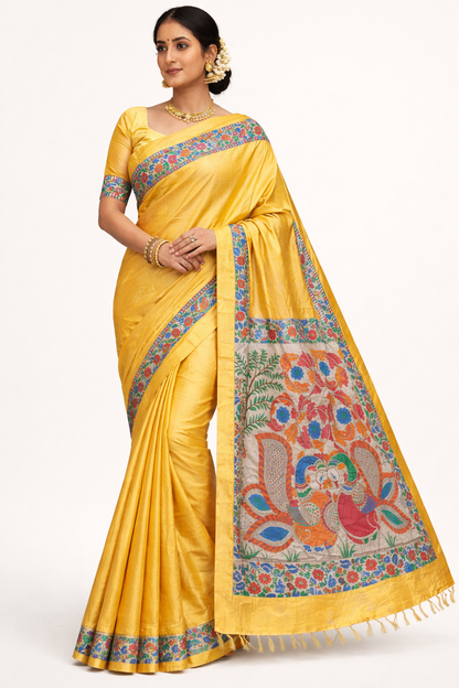 HANDLOOM TUSSAR HANDPAINTED MADHUBANI SAREE