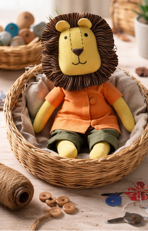 Plush lion toy in a woven basket on a wooden surface with yarn and buttons.