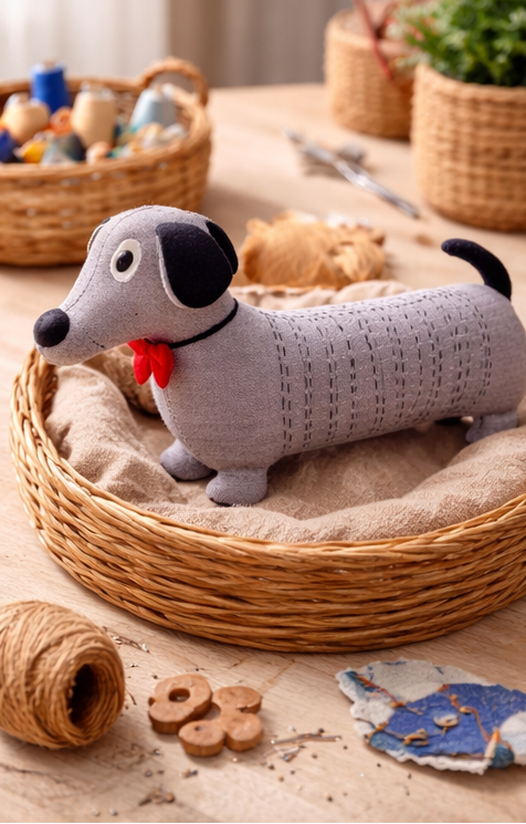 Knitted dachshund-shaped toy 