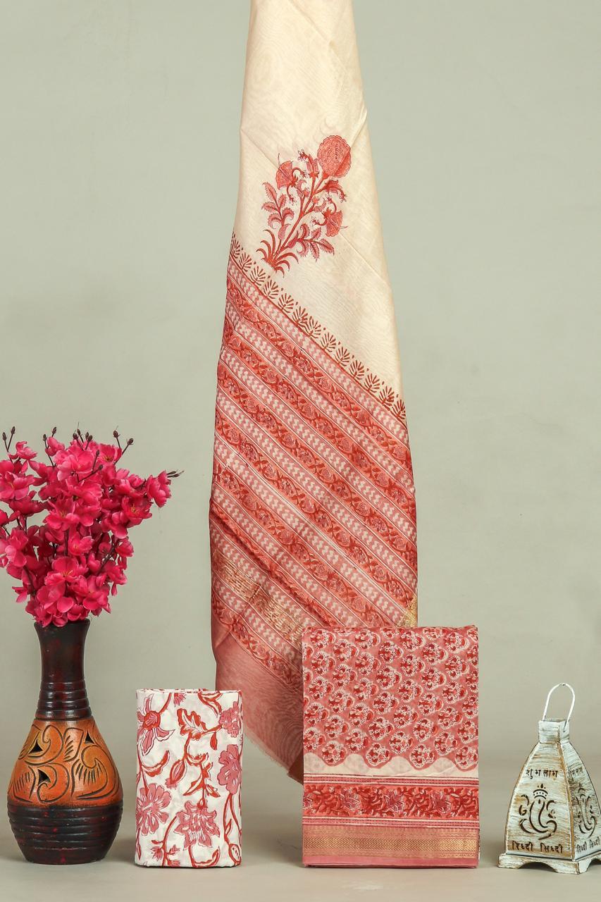Handblock Maheshwari Zari Border Dress Material